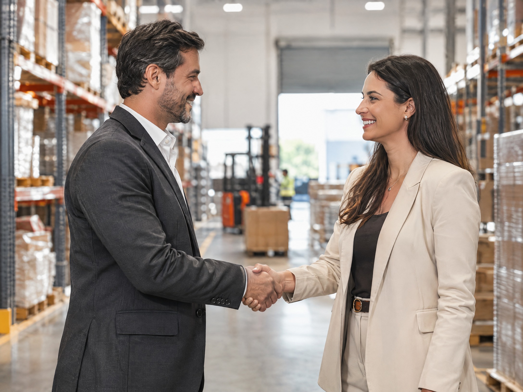 Dois empresários apertando as mãos em um centro de distribuição