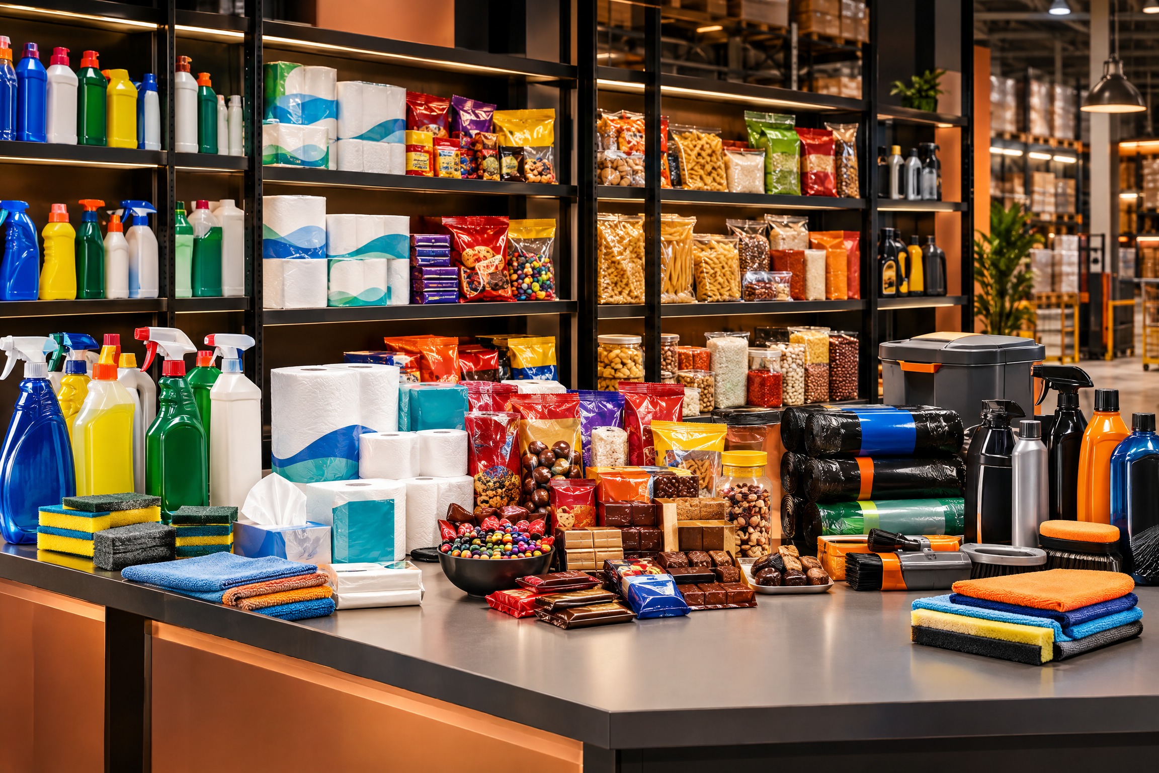 Portfólio selecionado com produtos de limpeza, higiene, pet, alimentos e cuidados automotivos